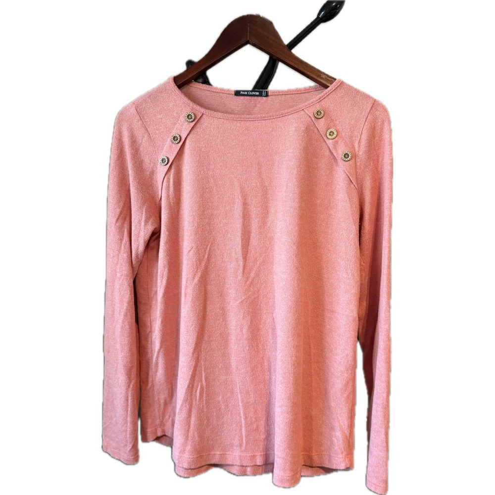 Pink Clover Womens Long Sleeve Button Shoulder Elbow Patch Knit Top Rose Pink XL